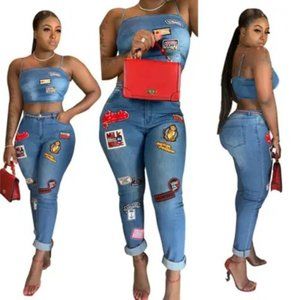 Off Shoulder straight strap Tops With Jeans trousers Fashion latest design